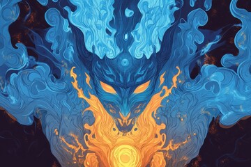 A stylized abstract image of a mythical creature with fire and smoke