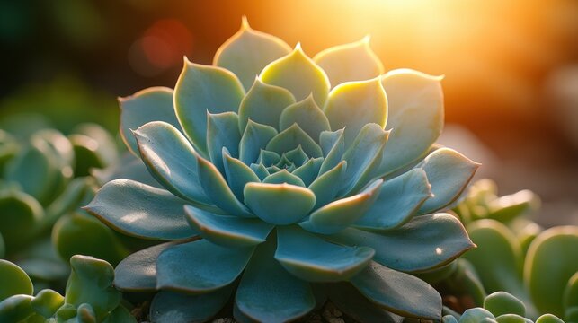 Blue-green succulent bathed in warm sunlight