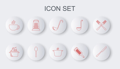 Set line Knife, Cooking pot, Kitchen ladle, Grater, Coffee cup, Spoon and icon. Vector