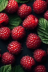 Fresh Raspberries with Green Leaves on Dark Background