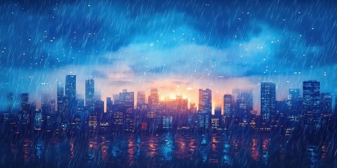 Obraz premium City skyline depicted in rain with dramatic sunset lighting