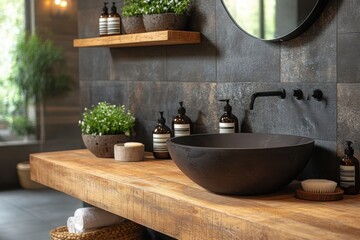 Rustic Bathroom: Dark stone sink and wood countertop with plants and accessories