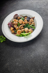 Champignon salad green lettuce canned mushrooms fresh delicious gourmet food background on the table rustic food top view copy space keto and paleo diet vegetarian and vegan food
