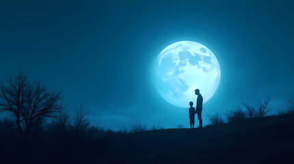 Serene Blue Night Full Moon Father and Child Silhouette Landscape