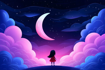 Obraz premium Girl gazing at moonlit cloudscape