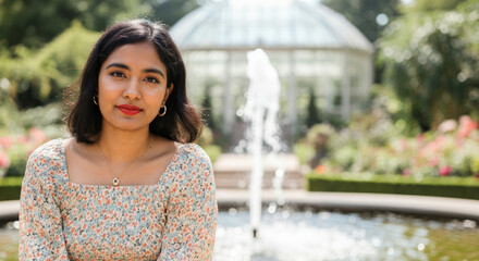 Young hispanic female in floral dress by garden fountain with glasshouse backdrop