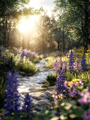 Fototapeta premium The silver glow of sunlight shining on the forest stream