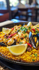 Colorful paella served in a shallow pan, featuring tender shrimp, juicy mussels, and golden saffron rice, enhanced with fresh parsley and lemon, traditional Spanish dish