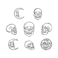 Hand drawn black and white line art human skulls set isolated on white background. Monochrome skeleton head designs bundle