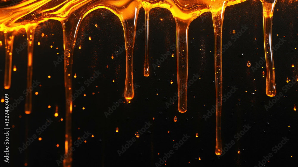 Poster flowing honey drip texture on black background for design and art projects