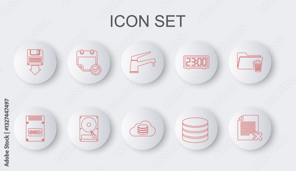 Aufkleber set line delete file document, ssd card, water tap, database, floppy disk backup, calendar with chec