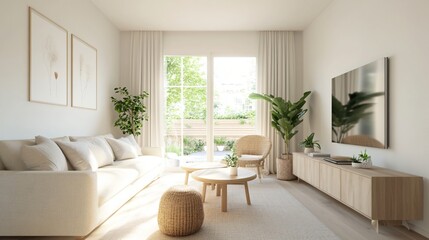 Fototapeta premium Bright and airy living room, modern furniture with soft colors, large windows letting in natural light, inviting and cozy atmosphere.