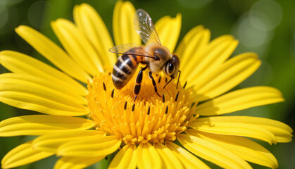 Honeybee collecting pollen from dandelion flower, nature's beauty