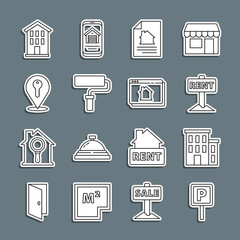 Set line Parking, House, Hanging sign with Rent, contract, Paint roller brush, Location key, and Online real estate house icon. Vector