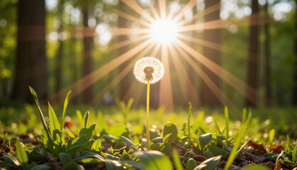 Dandelion illuminated by sunbeam in serene forest, World Dandelion Day