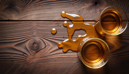 Whisky spills on rustic wooden bar top, celebration of World Whisky Day