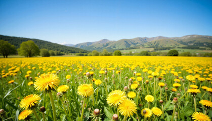 Obraz premium Vibrant dandelion field under bright blue sky, celebration of nature