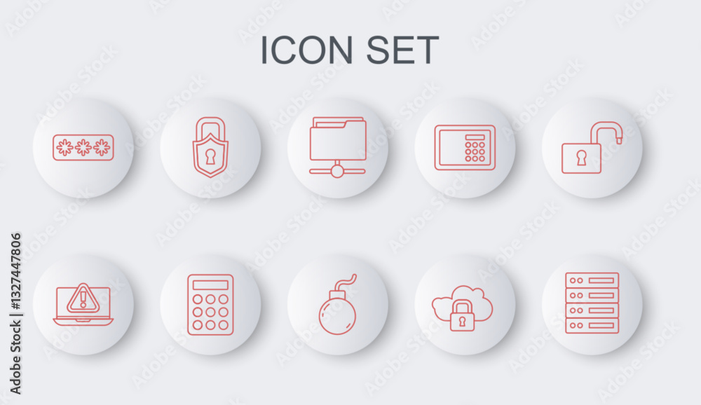 Poster set line server, data, web hosting, laptop with exclamation mark, ftp folder, cloud computing lock, 