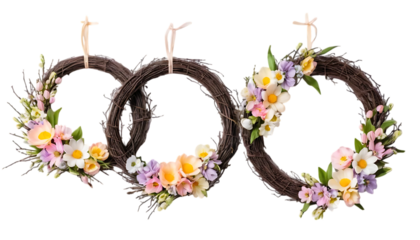 Colorful floral spring wreaths adorned with pastel eggs png