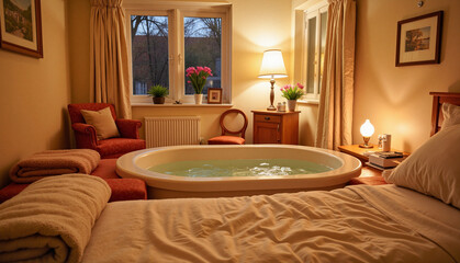 Cozy home birth setting with birthing pool and soft lighting, warmth