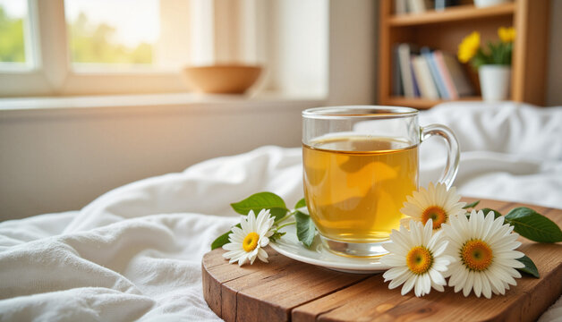 Relaxing herbal tea on bedside table with flowers, maternal care
