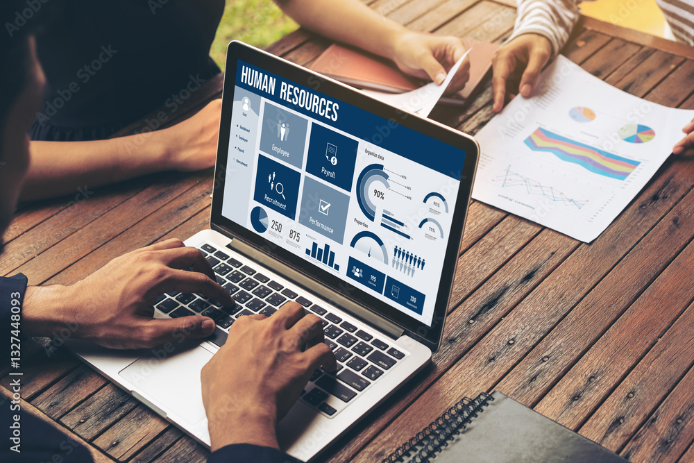 Poster human resources management software on computer screen helping human resources employee to manage re