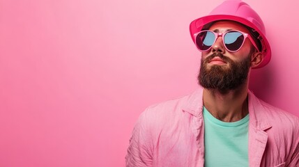 Fototapeta premium A trendy man with a beard stands against a pink backdrop, wearing a pink hard hat and stylish sunglasses, showcasing modern fashion and self-expression.