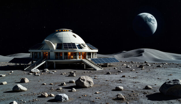 Futuristic moon base with solar panels under distant planet, space exploration