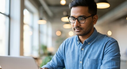 Obraz premium Young adult asian male working on laptop in modern office setting