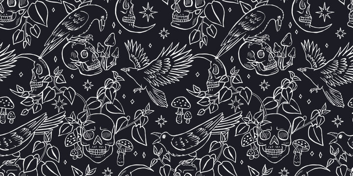 Black and white Seamless pattern with hand drawn inky ravens or crows sitting on human skulls. Monochrome Celestial Skeleton heads in forest foliage repeat background. Night sky wallpaper