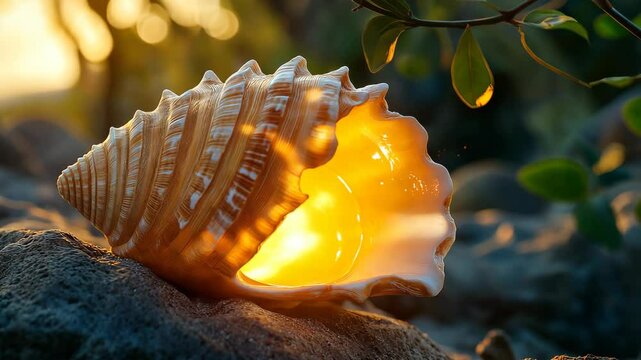 A radiant conch shell glowing with divine energy, placed on a rock amidst greenery, symbolizing spirituality and sacred sound in Hindu traditions. . High quality 4k footage