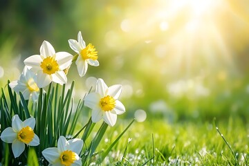 New flowers and grass break through fading snow white daffodils glow in bold sunlight spring beauty in nature life begins anew after winter sun warms the ground early spring scene  
