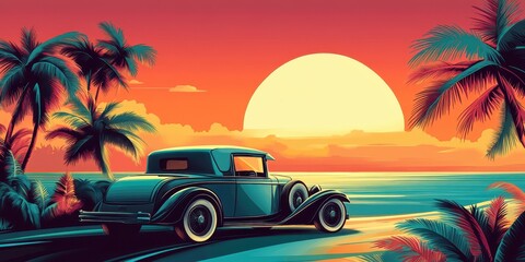 A vintage automobile on a beach at sunset near palm trees