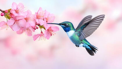 Hummingbird in flight, feeding on pink cherry blossoms