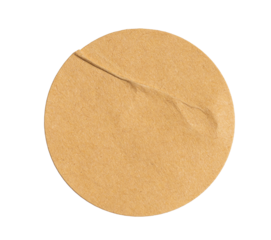 Round crumpled sticker made of recycled craft brown paper with transparent background, ideal for eco friendly projects
