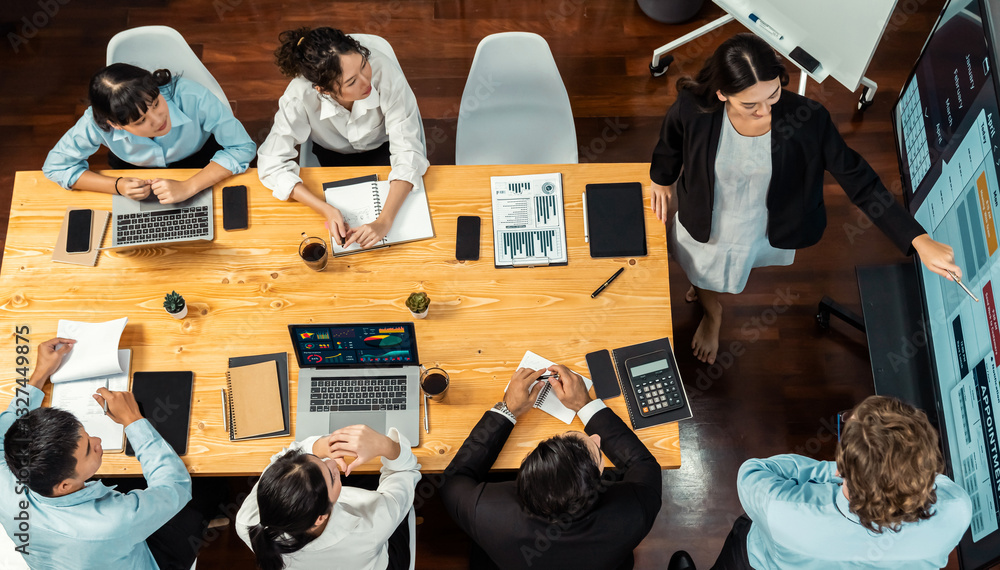 Poster panorama top view diverse group of business analyst team analyzing financial data report paper on me