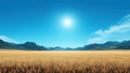 Obraz premium A landscape picture, blue sky, warm sunshine, no clouds in the sky, golden wheat fields on the ground.