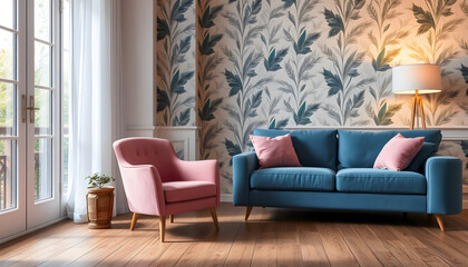 Pink chair and blue sofa in spacious living room interior with leaves wallpaper and lamp. Real photo, dramatic atmosphere. White tone