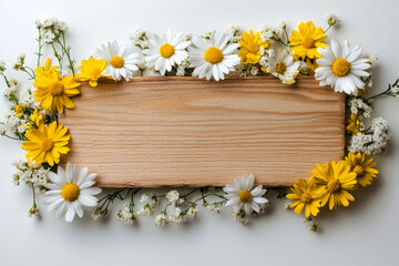Obraz premium A top view of wild yellow and white flowers arranged around an empty space for text, framed naturally with a white background, offering a fresh, minimalistic vibe