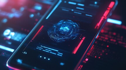 Obraz premium Futuristic Smartphone Interface Displaying High-Tech Data Graphics and Circuitry