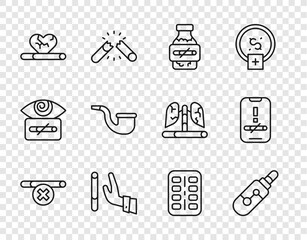 Set line No smoking, Electronic cigarette, Nicotine gum blister pack, Giving up, Heart disease with, pipe, and icon. Vector