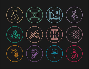 Set line Bomb ready to explode, Magic arrow, Pirate treasure map, Sword with blood, King crown, Old money bag, Gun powder barrel and Decree, parchment, scroll icon. Vector