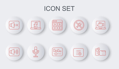 Set line Cinema camera, Speaker volume, Music playlist, Add to, mute, Laptop with music, Microphone and equalizer icon. Vector
