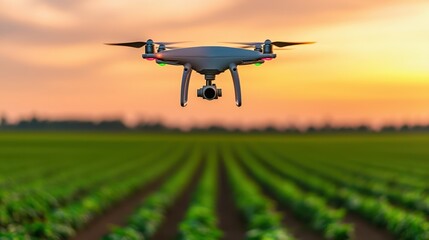 A drone hovers over a lush green field at sunset, showcasing agricultural technology and its role in modern farming practices.