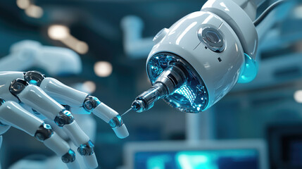 High-tech robotic surgery concept with AI-controlled precision instruments, futuristic medical technology, and automated healthcare innovation in a sterile environment.