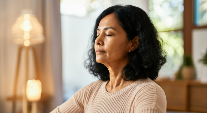 Mature hispanic woman meditating peacefully at home in natural light