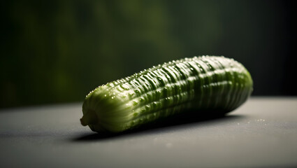 Obraz premium a highly detailed, shallow-depth-of-field, cinematic photo capturing a close-up of a lone, fresh, and vibrant green cucumber, its ridged and waxy skin glistening with subtle beads of dew, set against 