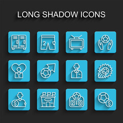 Set line Buy football player, Football stadium, Locker or changing room, Sport mechanical scoreboard, Soccer, and soccer commentator icon. Vector