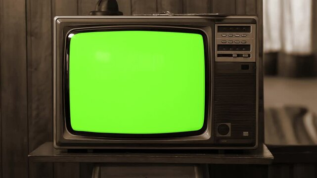 Vintage TV With Green Screen Turning On and Off by Remote Control, Sepia Tone - 100% Real and Not AI-Generated - 4K