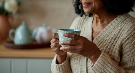 Elderly african female sipping tea in cozy sweater, enjoying relaxation